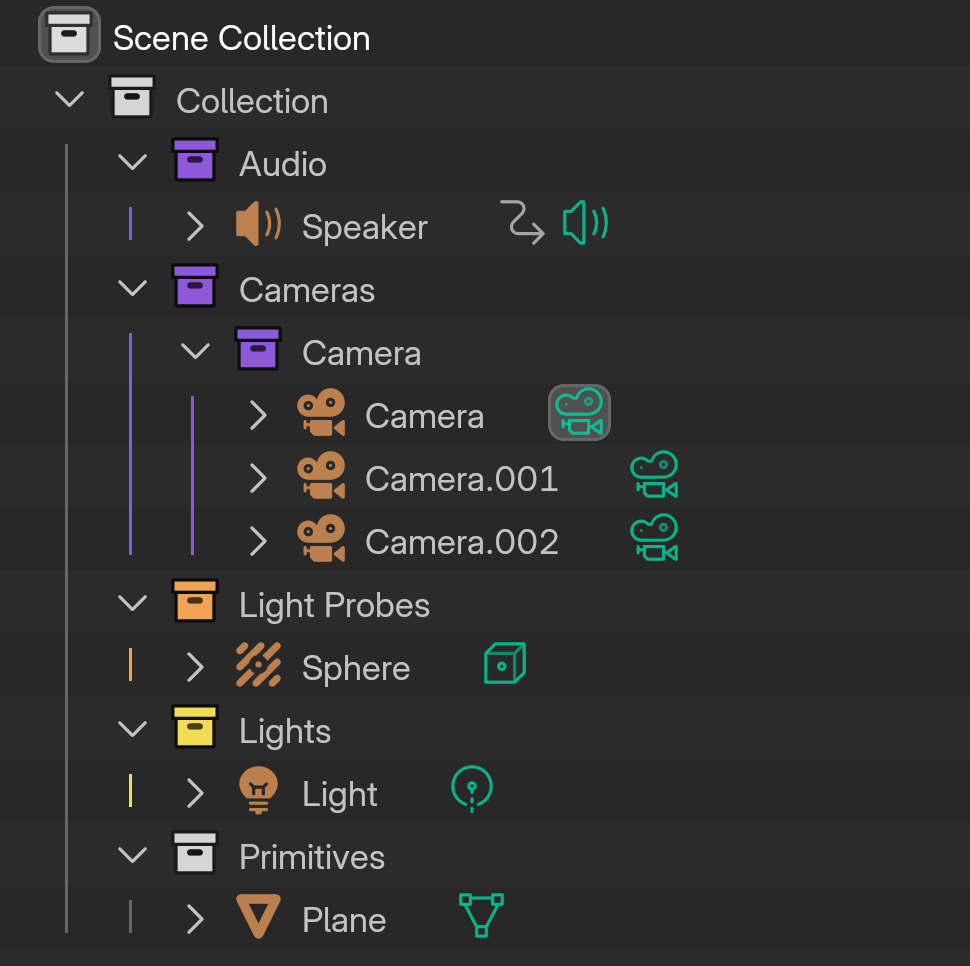 The same Outliner after Collection Organizer: Audio, Cameras, Light Probes, Lights and Primitives as colour-tagged collections.