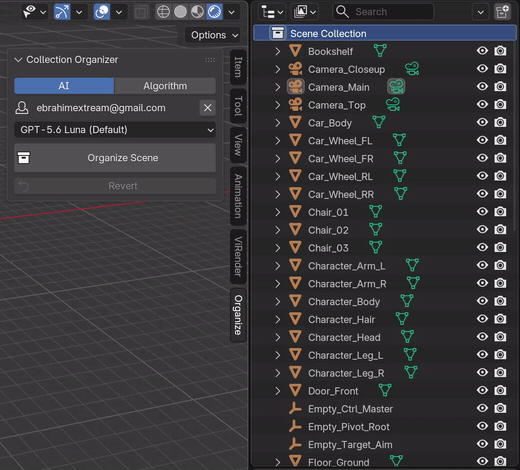The AI method running: names go out in batches and collections appear in the Outliner as each batch lands.