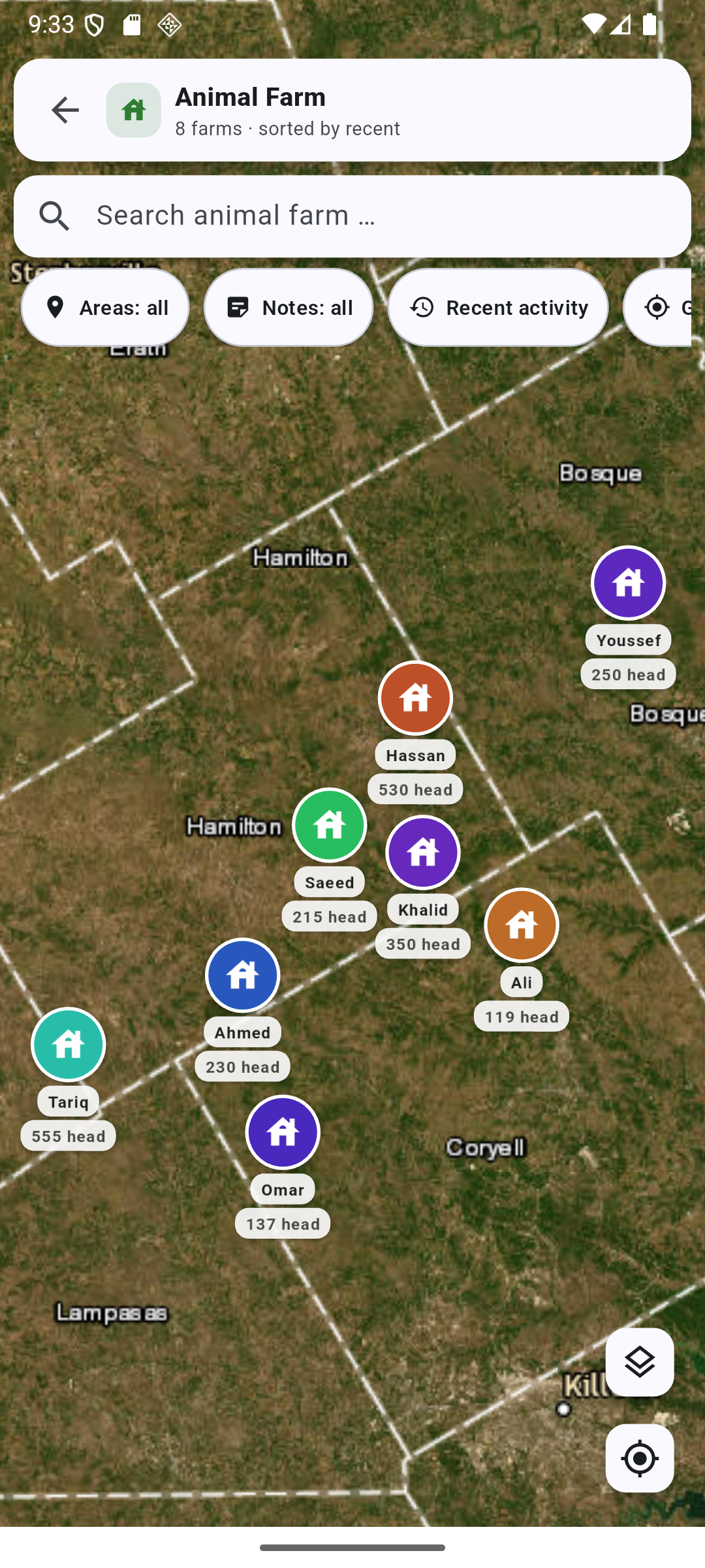 VetMapping map view with farm markers