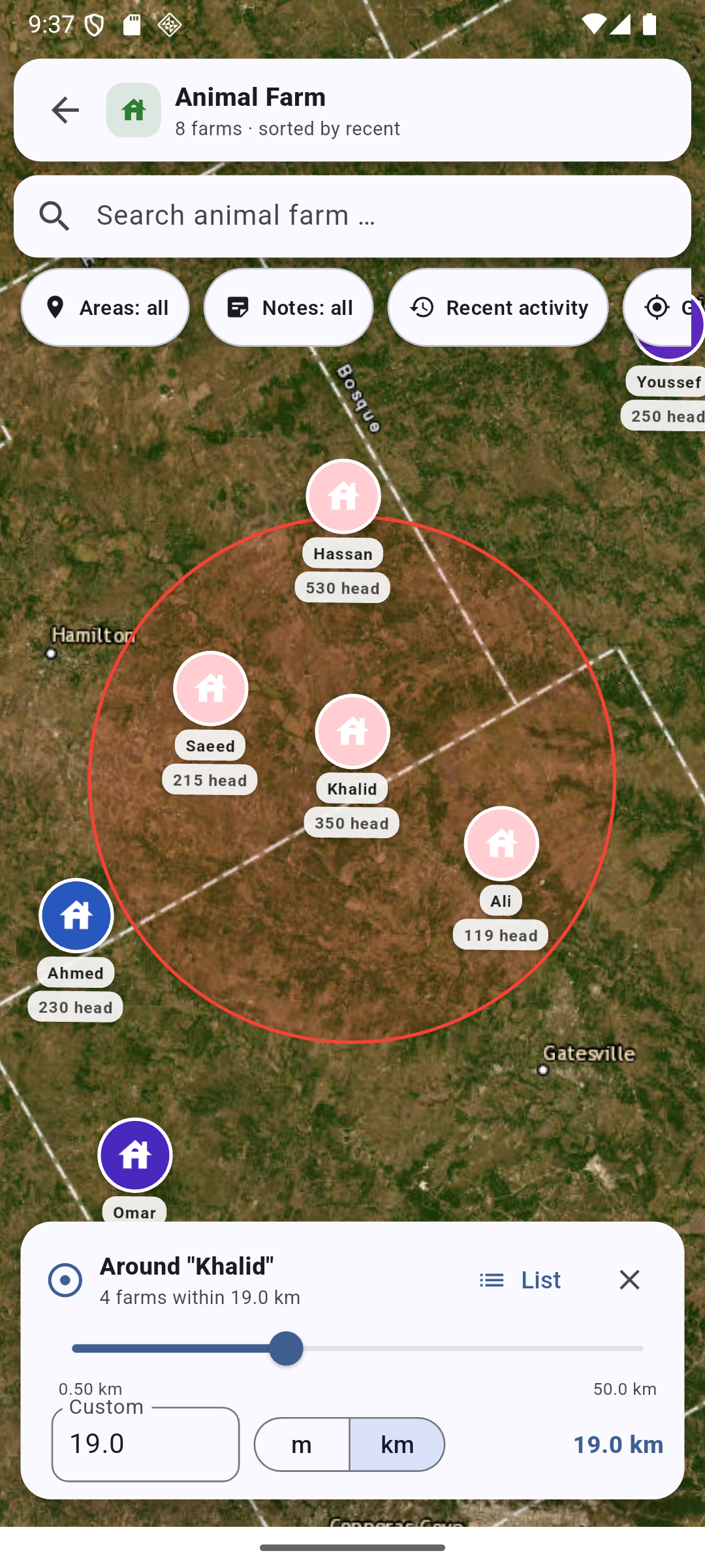 Radius around a farm